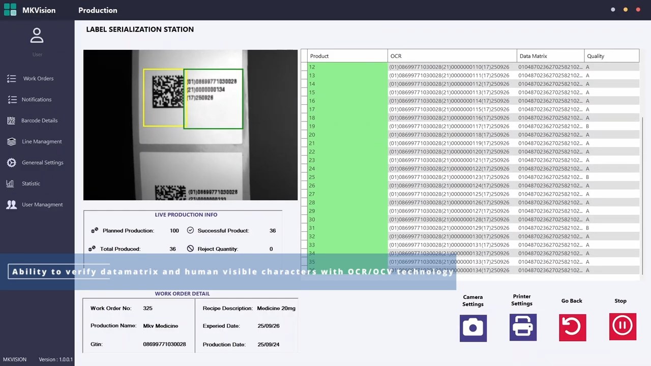 Label Serialization OCR/OCV doğrulama ekranı